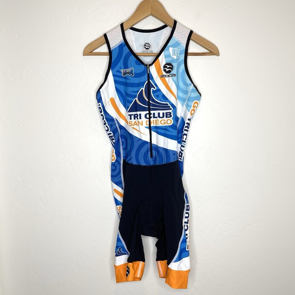 Zoca Tri Club San Diego Triathlon Suit Womens Medium Black Blue Orange